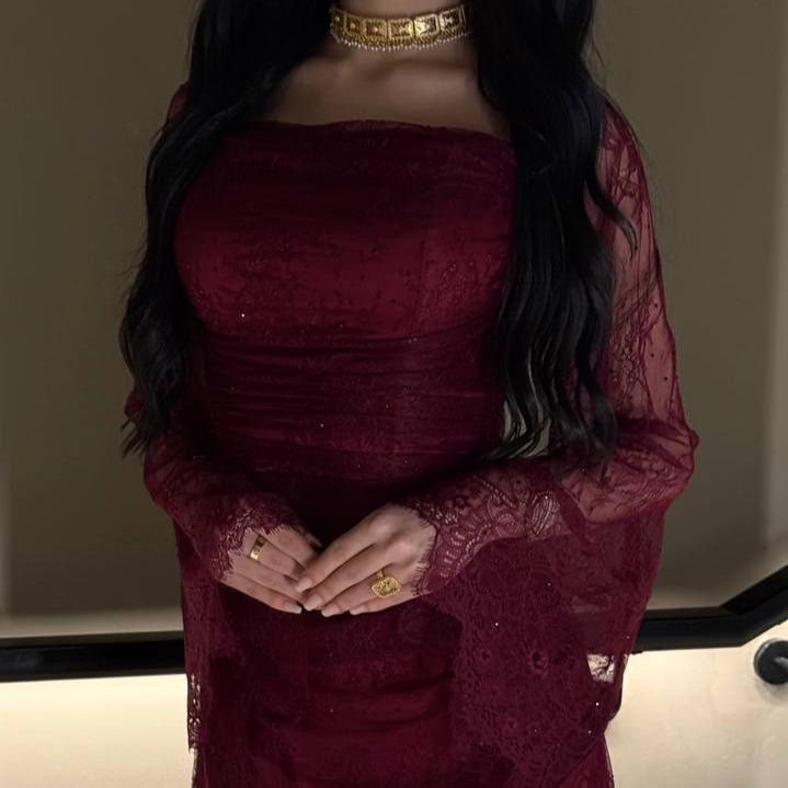 dantil maroon dress - Noor DesignNour Design